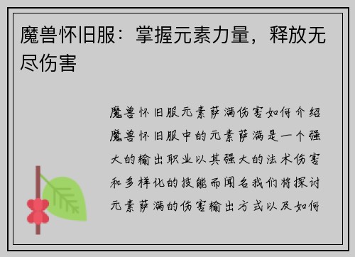 魔兽怀旧服：掌握元素力量，释放无尽伤害